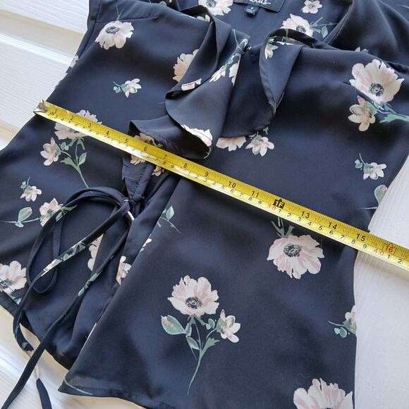 Lulus Build Me Up Buttercup Black Floral Print Wrap Top Sm sheer ruffled collar - Picture 8 of 14